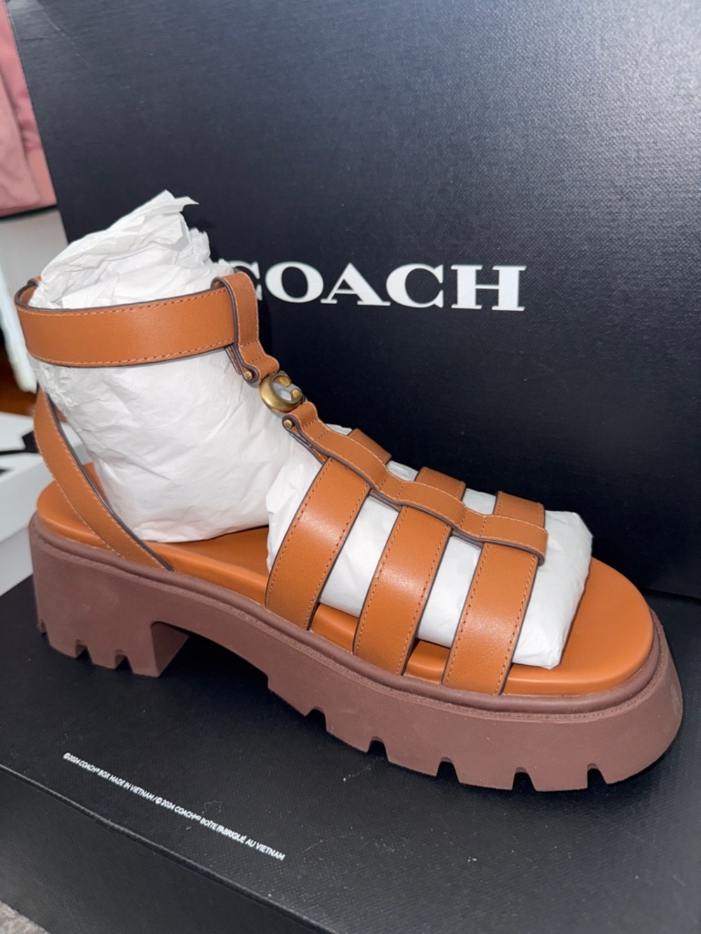 Coach Brown Leather Platform Gladiator Sandals with Gold-Tone Hardware - Picture 3 of 10